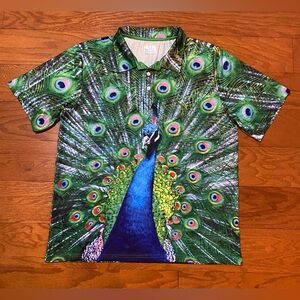 Obnoxious Golf Shirt Men Large Green Peacock Print Performance Polo Short Sleeve